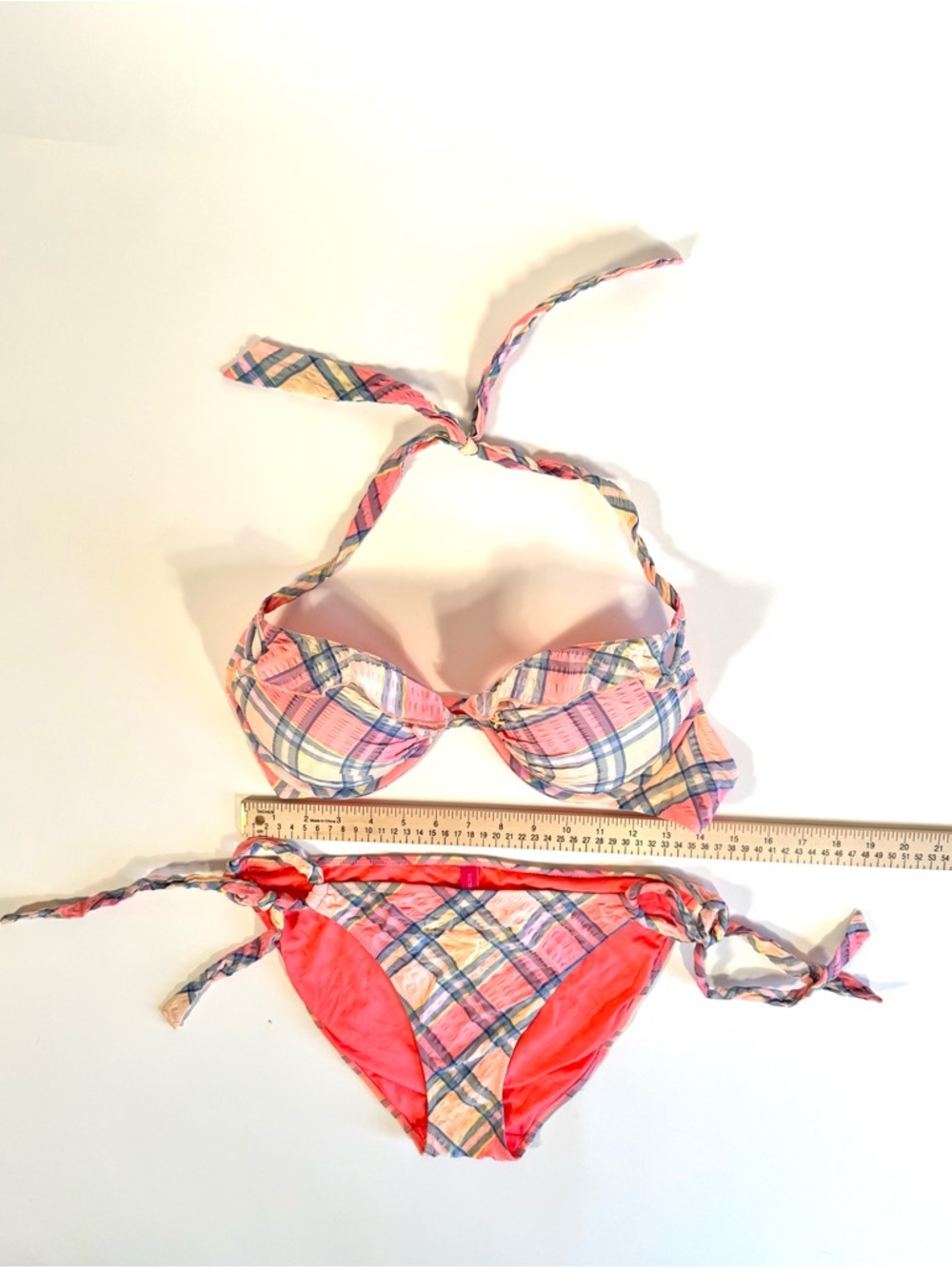 Victoria's Secret Seersucker Ruffled Push Up Bikini Set Plaid Pink Blue 36C LG - Picture 8 of 9